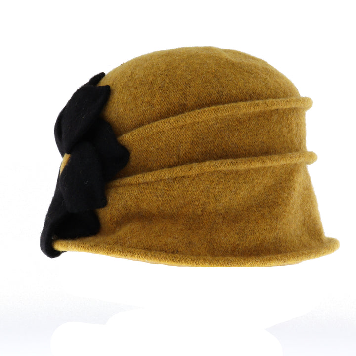 Mustard Yellow Pure New Wool Flower Pull On Cloche Hat