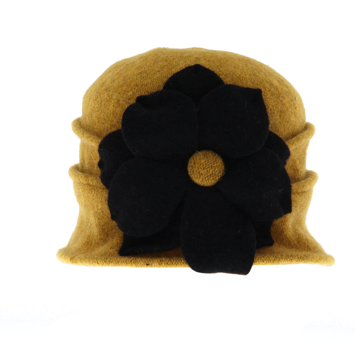 Mustard Yellow Pure New Wool Flower Pull On Cloche Hat