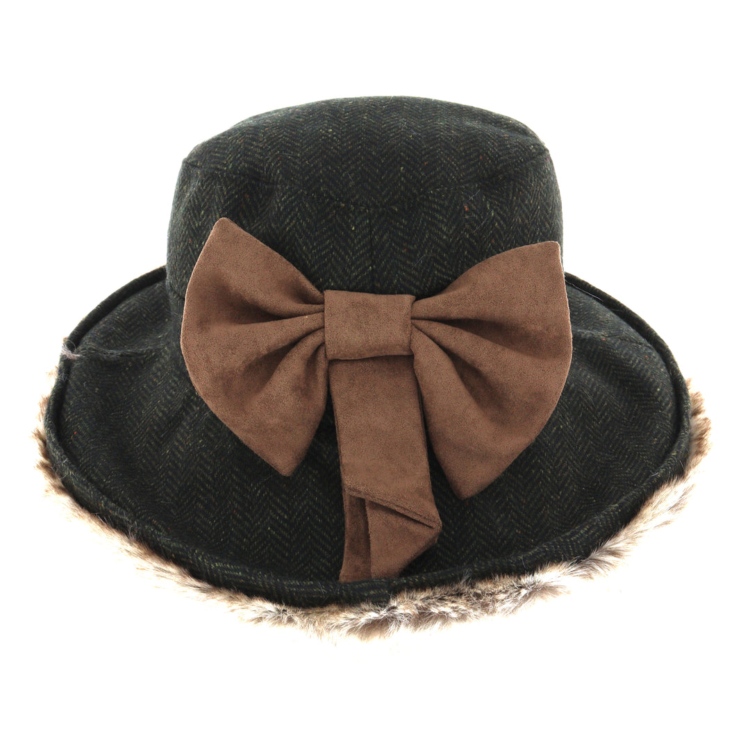 Ladies Bow Country Tweed Herringbone Hat With Faux Fur Brim Green Brown