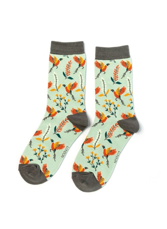 Miss Sparrow Bamboo Pheasants & Flowers Socks (Duck Egg)